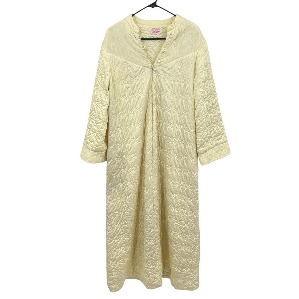 Vintage Quilted House Dress L XL Butter Yellow Long Sleeve Cottage Granny Lounge